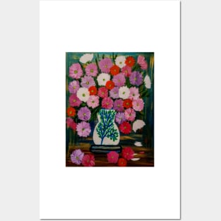 A beautiful bouquet of mixed flowers in a white vase with a tree painted on it Posters and Art